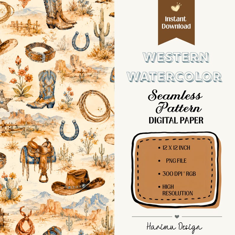 Western Watercolor Seamless Pattern, Cowboy Digital Paper, Western ...