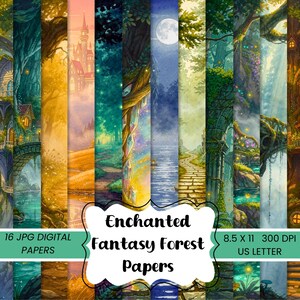 Può includere: Una collezione di 16 carte digitali JPG con scene di foreste fantasy. Ogni carta presenta un'illustrazione ad acquerello unica di foreste incantate, castelli e sentieri. Le carte misurano 21,59 x 27,94 cm e hanno una risoluzione di 300 DPI.