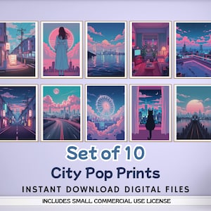 May include: A set of ten framed City Pop Prints featuring vibrant cityscapes in shades of pink, blue, and purple. The artwork includes scenes of city streets, bridges, and a Ferris wheel. The text "Set of 10 City Pop Prints" is displayed.