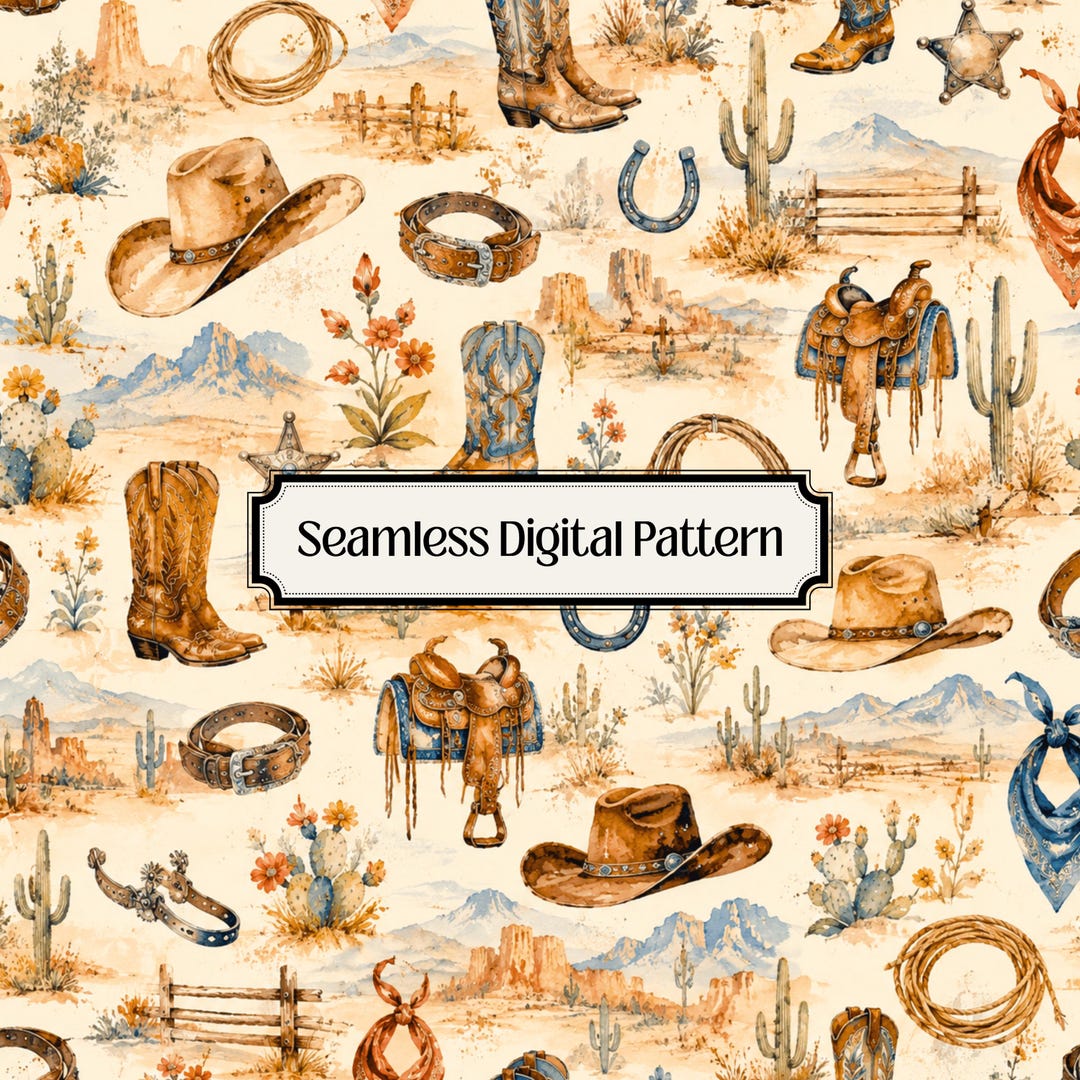 Western Watercolor Seamless Pattern, Cowboy Digital Paper, Western ...