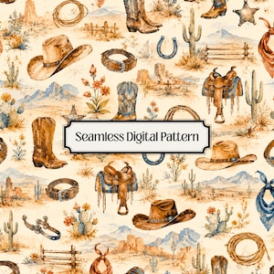 Pode incluir: Um padrão digital sem costura com ilustrações em aquarela de chapéus de cowboy, botas de couro, selas, laços, ferraduras, cactos, paisagens desérticas, cercas de madeira e bandanas, com o texto Seamless Digital Pattern no centro.