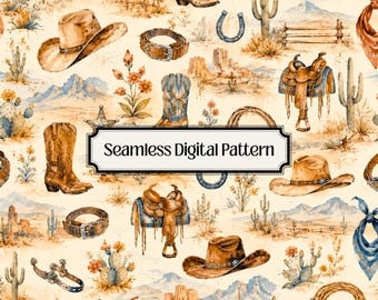 Western Watercolor Seamless Pattern, Cowboy Digital Paper, Western Background PNG, Rustic Rodeo Scrapbook Paper, Cowgirl Fabric Design