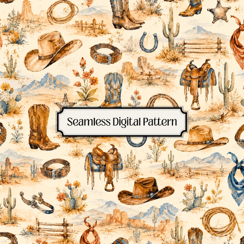 Western Pattern Pale Western Watercolor Seamless Pattern, Cowboy Digital Paper, Western ...