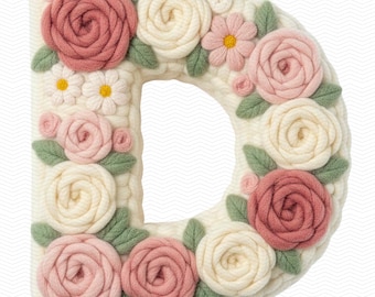 Faux Stickerei Blumen Alphabet PNG: Blumen Garn Buchstaben, Karabiner häkeln Sublimation