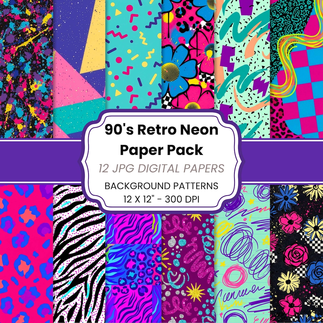 90s Retro Digital Paper Pack, Neon Scrapbook Paper, Junk Journal ...