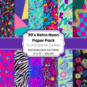 90s Retro Digital Paper Pack, Neon Scrapbook Paper, Junk Journal Backgrounds, Retro Geometric Papers, Leopard Zebra Floral Printable