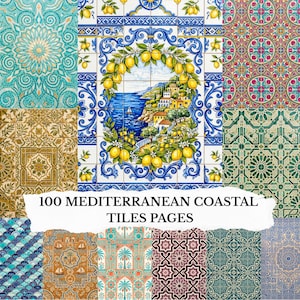 Puede incluir: Una colección de azulejos costeros mediterráneos con varios patrones y colores. Los azulejos presentan diseños florales, geométricos y escénicos, incluido un azulejo central con una escena de pueblo costero enmarcada por limones. Se muestra el texto "100 Mediterranean Coastal Tiles Pages".