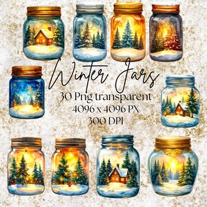 Winter Watercolor Jar Clipart – 30 Hand-Painted Luminous PNGs with Elegant Luxury Jar Lids for Digital Scrapbooking, Invitations & Crafts