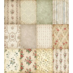 Puede incluir: Un collage de doce papeles estampados de estilo vintage. Los papeles presentan dise&ntilde;os florales, damasco y a rayas en colores apagados como crema, beige y verde descolorido. Algunos papeles tienen un aspecto envejecido y desgastado, con texturas e imperfecciones visibles.