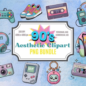 May include: Aesthetic clipart PNG bundle with 90s-themed illustrations. Includes a teal game controller, trainers, a cassette tape, a portable music player with headphones, a pink and teal headset, a camera, a Game Boy, and a keychain.
