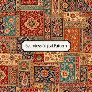 May include: A seamless digital pattern featuring a patchwork of intricate floral and paisley motifs in shades of red, blue, orange, and cream. The design includes a central white rectangular label with the text Seamless Digital Pattern.