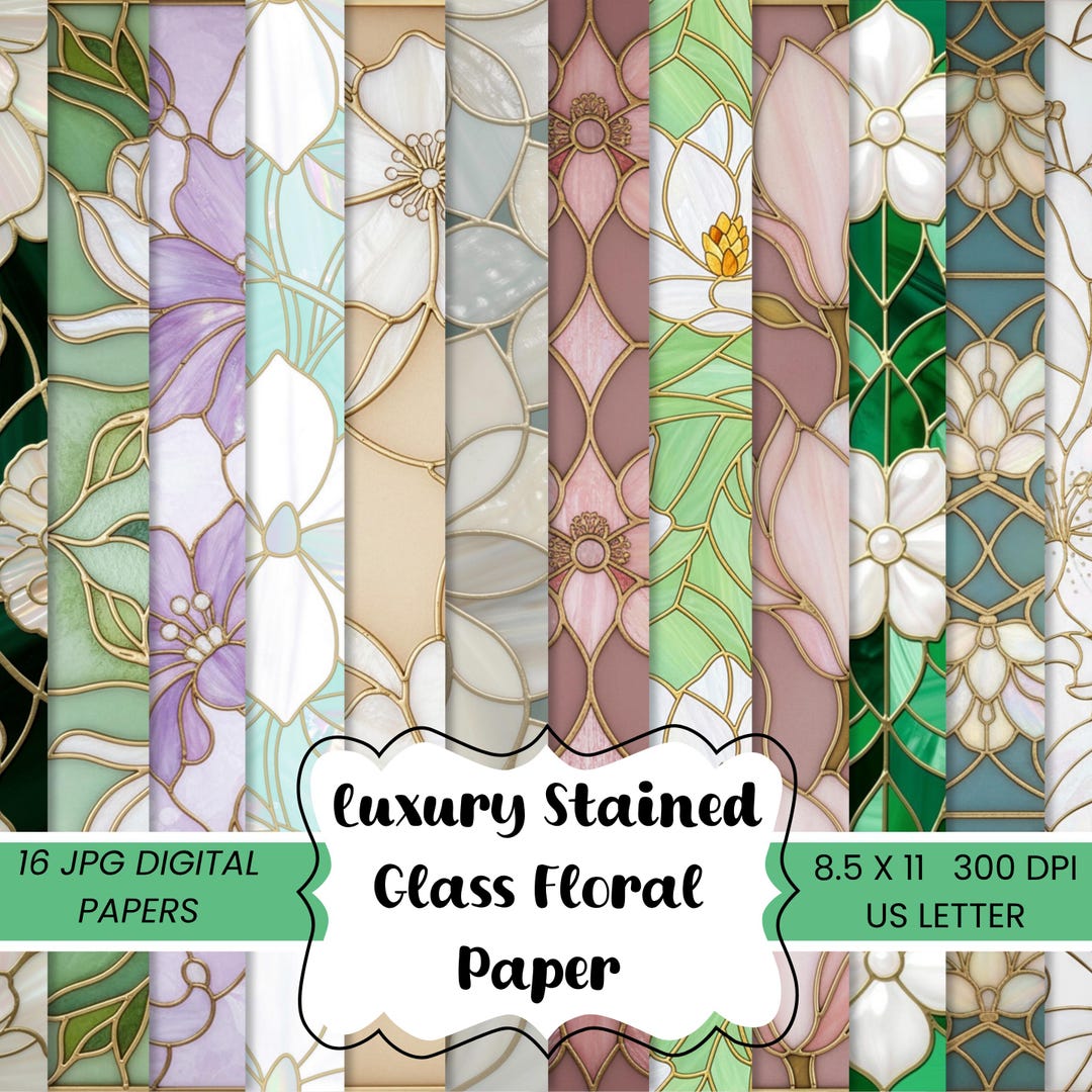 Luxury Stained Glass Floral Digital Paper Pack, 16 JPG Pages, Seamless ...