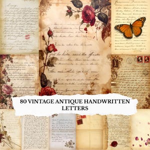 Puede incluir: Un collage de cartas manuscritas antiguas con papel envejecido y detalles florales. Las cartas presentan tinta descolorida y elementos decorativos, incluyendo rosas y una mariposa. Se muestra el texto "80 Vintage Antique Handwritten Letters".