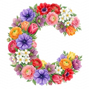 Pode incluir: Ilustração em aquarela da letra "C" formada por um arranjo de flores coloridas. As flores incluem anêmonas vermelhas, rosas cor-de-rosa, anêmonas roxas, tulipas laranjas e narcisos brancos, criando um design floral vibrante.