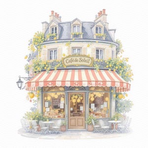 Puede incluir: Ilustración en acuarela de un encantador café, "Café de Soleil", con un toldo a rayas rojas y blancas. El edificio está adornado con limones amarillos y vegetación, con mesas y sillas pequeñas afuera.