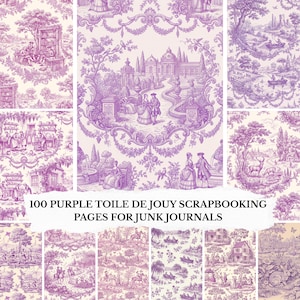 May include: A collection of 100 purple Toile de Jouy scrapbook pages for junk journals. The pages feature detailed illustrations of pastoral scenes, including figures, buildings, and landscapes, in a classic toile style. The text "100 Purple Toile de Jouy Scrapbooking Pages For Junk Journals" is displayed.