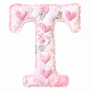 Patchwork Shabby Chic Alphabet PNG: Gesteppte Stoffbuchstaben A-Z, kokette rosa Blumenbuchstaben für Scrapbooking, Junk Journal Bild 5