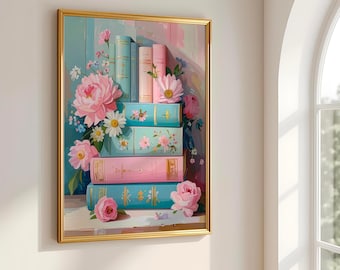 Romantic Library Print Pastel Book Stack with Floral Decor (Digital Download)