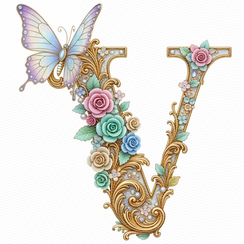 Ornamental baroque alphabet letters A to Z, luxury vintage monogram initials with gold accents and floral details, high-resolution 4096×4096 transparent PNG decorative typography for wedding invitations, elegant branding, wall art, planners, scrapbooking, stickers, and premium printable designs.