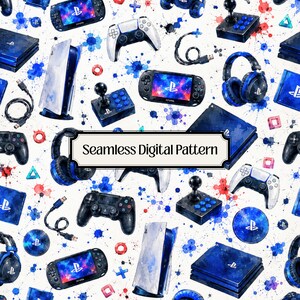 Op de afbeelding: Een naadloos digitaal patroon met aquarel-stijl illustraties van gameconsoles, controllers, headsets en kabels in blauwe en rode tinten op een witte achtergrond, met de tekst Seamless Digital Pattern gecentreerd in een kader.