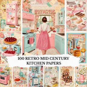 100 Retro Mid Century Kitchen Junk Journal Pages, Vintage 1950s Kitchen Digital Papers, Scrapbooking Collage, Printable Ephemera Pack