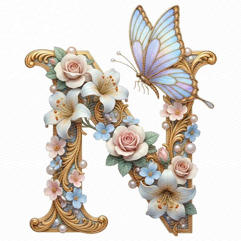 Ornamental baroque alphabet letters A to Z, luxury vintage monogram initials with gold accents and floral details, high-resolution 4096×4096 transparent PNG decorative typography for wedding invitations, elegant branding, wall art, planners, scrapbooking, stickers, and premium printable designs.