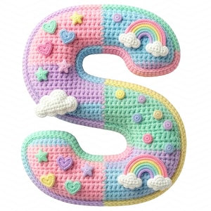 May include: A pastel-colored, crocheted letter "S" with a patchwork design. The letter is adorned with crocheted hearts, stars, clouds, and rainbows. The color palette includes pink, blue, green, yellow, and purple, creating a whimsical and decorative item.