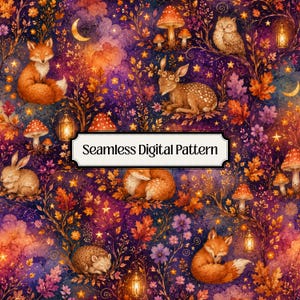 May include: A seamless digital pattern featuring a dark purple and orange forest scene with foxes, a deer, an owl, a rabbit, and a hedgehog. The design includes glowing lanterns, mushrooms, autumn leaves, and stars. The text reads Seamless Digital Pattern.
