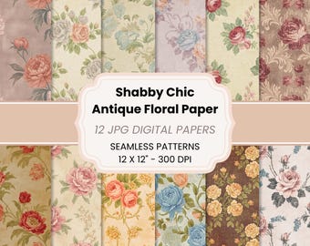 Papel digital de 12 páginas con estampado floral antiguo estilo shabby chic para álbumes de recortes, álbumes de recortes y manualidades de estilo vintage cottagecore.