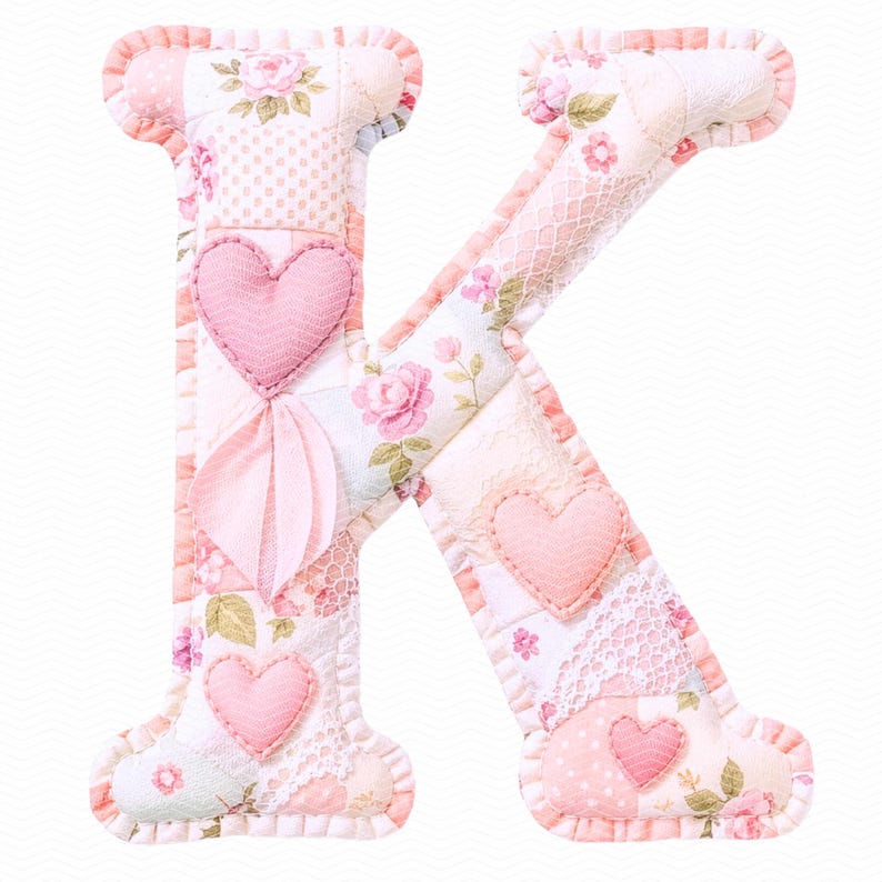 Patchwork Shabby Chic Alphabet PNG: Gesteppte Stoffbuchstaben A-Z, kokette rosa Blumenbuchstaben für Scrapbooking, Junk Journal Bild 14