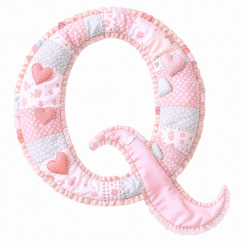K&ouml;nnte beinhalten: Ein gro&szlig;er, dekorativer Buchstabe "Q" in einem Patchwork-Design. Der Buchstabe ist haupts&auml;chlich rosa mit verschiedenen Mustern, darunter Herzen und Blumendrucke. Er hat einen R&uuml;schenrand und ist wahrscheinlich aus Stoff gefertigt.