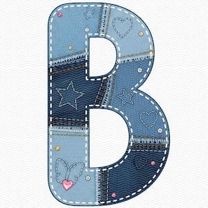 May include: A patchwork denim letter 'B' with a white dashed border. The letter features various shades of blue denim, with embroidered stars, hearts, and a butterfly. Small pink and gold embellishments are scattered across the surface.