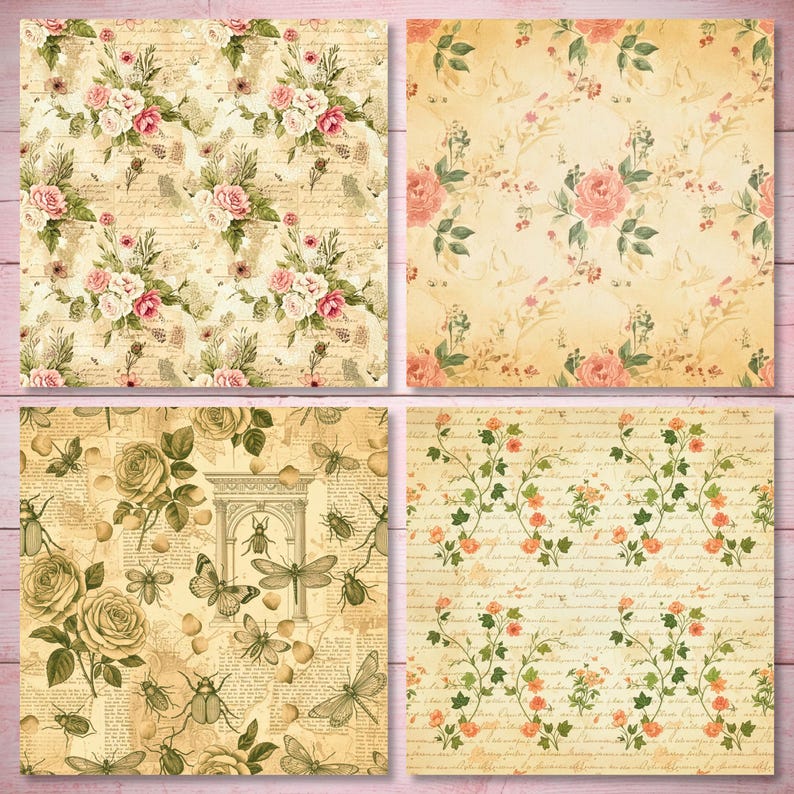 12 Vintage Floral Digital Paper Pack, Antique Shabby Chic Paper, Junk ...