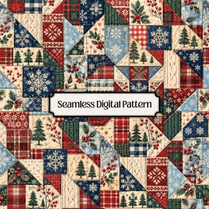 May include: A seamless digital pattern featuring a patchwork quilt design with red, green, blue, and cream squares. The print includes motifs of snowflakes, pine trees, holly berries, plaid, and cable knit textures with the text Seamless Digital Pattern.