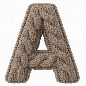 Op de afbeelding: Een grote, gebreide letter "A" in een lichtbruine kleur. De letter is gemaakt met een dik kabelbreipatroon, waardoor hij een textuur en driedimensionaal uiterlijk heeft. De achtergrond is wit met een subtiel, herhalend zigzagpatroon.