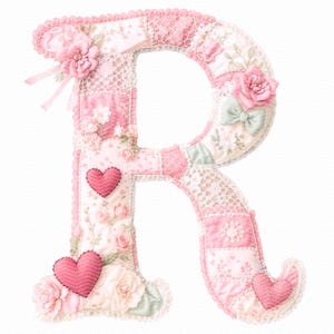 Può includere: Una lettera "R" decorativa in un design patchwork. La lettera è principalmente rosa con accenti floreali e in pizzo. Include cuori rosa, fiori di stoffa e un fiocco. Il design ha un'estetica vintage e romantica.