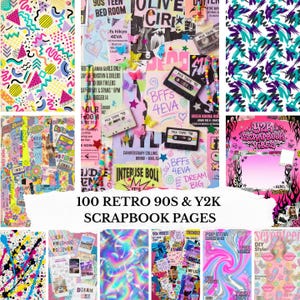 Op de afbeelding: Een collage van 100 retro jaren 90 en Y2K scrapbook pagina's. De afbeelding toont verschillende ontwerpen, waaronder kleurrijke patronen, tijdschriftknipsels, cassettes en de tekst "BFFS 4EVA" en "Dream Big".