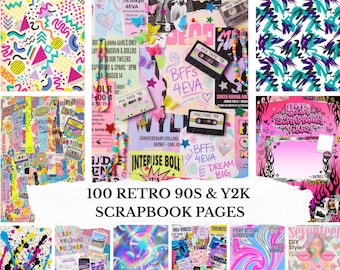100 fondos retro de álbumes de recortes de los 90 con temática Y2K: páginas de collage de papel con nostalgia milenaria, kit de diario basura, efímeras vintage, papeles digitales