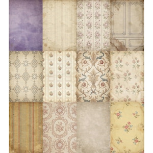 Puede incluir: Un collage de doce hojas de papel de estilo vintage con varios patrones. Los dise&ntilde;os incluyen motivos florales, a rayas y damasco en colores apagados como beige, rosa y morado. Los papeles tienen una apariencia envejecida y desgastada.