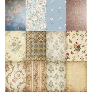 Puede incluir: Una colecci&oacute;n de doce papeles estampados con dise&ntilde;os florales, damasco y geom&eacute;tricos. Los papeles muestran una variedad de colores, incluyendo azul, rosa, verde y beige. Algunos papeles tienen una apariencia vintage o envejecida.