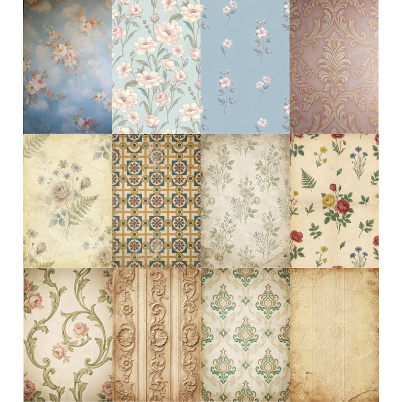 Puede incluir: Una colecci&oacute;n de doce papeles estampados con dise&ntilde;os florales, damasco y geom&eacute;tricos. Los papeles muestran una variedad de colores, incluyendo azul, rosa, verde y beige. Algunos papeles tienen una apariencia vintage o envejecida.