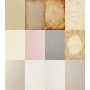 May include: A collection of textured paper backgrounds in various colors and patterns. The image includes beige, pink, and gray papers with embossed designs, along with aged paper with floral and leaf patterns. The papers are suitable for scrapbooking and crafts.