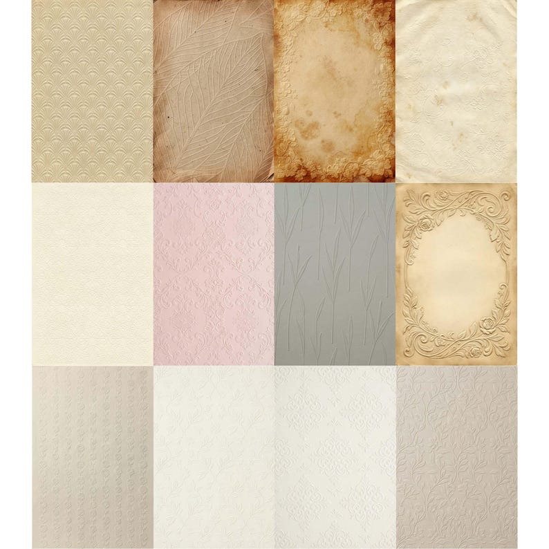 May include: A collection of textured paper backgrounds in various colors and patterns. The image includes beige, pink, and gray papers with embossed designs, along with aged paper with floral and leaf patterns. The papers are suitable for scrapbooking and crafts.
