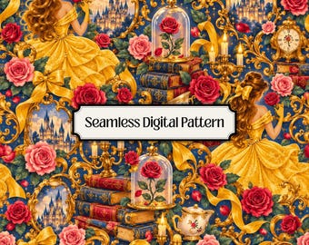 Enchanted Rose Princess Seamless Pattern, Fairytale Digital Paper, Rose Castle Wallpaper, Princess Scrapbook Background, Romantic PNG