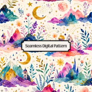 May include: A seamless digital pattern featuring watercolor illustrations of mountains, crescent moons, stars, flowers, and small houses on a cream background. The design includes vibrant pink, blue, and purple hues with gold accents and text reading Seamless Digital Pattern.