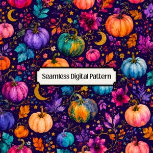 May include: A seamless digital pattern featuring a dark purple background with colourful pumpkins in shades of orange, blue, pink, and purple, interspersed with autumn leaves, small yellow stars, and crescent moons, with the text Seamless Digital Pattern.