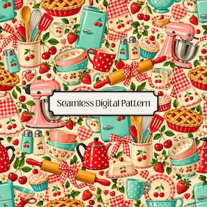 May include: A seamless digital pattern featuring a repeating design of kitchenware including pink and teal stand mixers, red and white polka dot mugs, rolling pins with checkered bows, cherry motifs, cupcakes, and pies on a cream background.