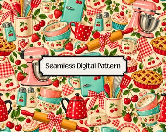 Retro kitchen seamless pattern, Vintage Kitchen Digital Paper,1950s Kitchen Wallpaper,Retro Diner Scrapbook Paper, Vintage Fabric Design PNG