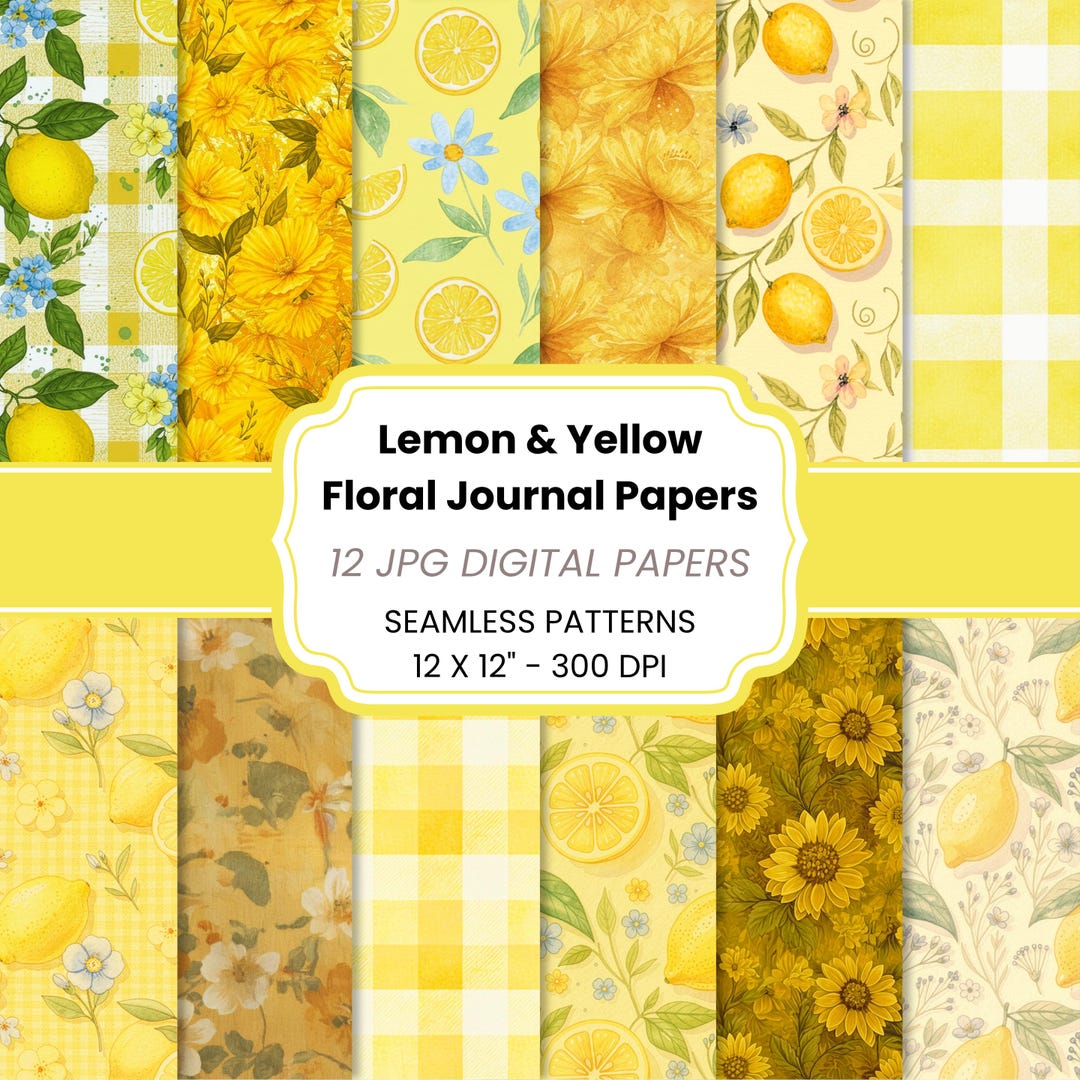 12 Pages Lemon Yellow Floral Journal Papers, Shabby Chic Digital Paper ...