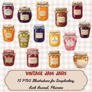 Op de afbeelding: Vijftien illustraties van vintage jam potten, elk met een ander soort jam: gemengde bessen, bramen, sinaasappelmarmelade, vijgen, kersen, abrikozen, peren, blauwe bessen, citroen, rozenblaadjes, pruimen, aardbeien, frambozen, appels en perziken. Tekst: "VINTAGE JAM JARS".